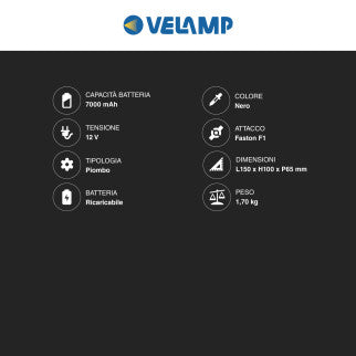 Velamp Batteria al Piombo 12V 7Ah Ricaricabile con Attacchi Faston - mod. 23788