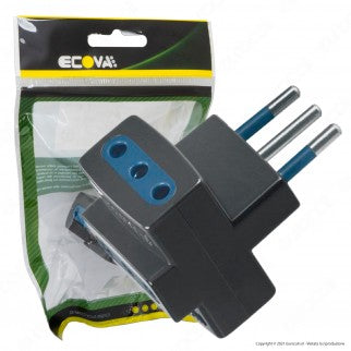 Ecova Adattatore Triplo con Spina 10A 2P+T e 3 Prese 10A 2P+T Colore Nero - mod. 30040