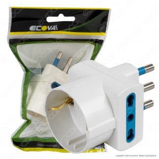 Ecova Adattatore Triplo con 1 Presa Centrale Schuko + 10A 2P+T e 2 Laterali 10/16A 2P+T Colore Bianco - mod. 30047