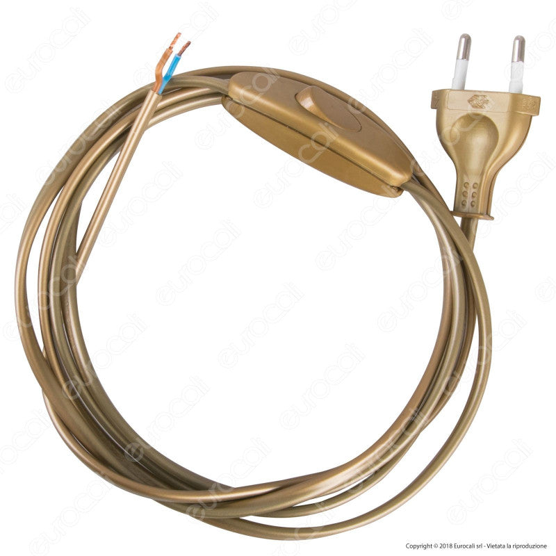 FAI Cavo di Alimentazione Bipolare con Interruttore e Spina 10A Oro - Lunghezza 2m - mod. 3021/OR/200