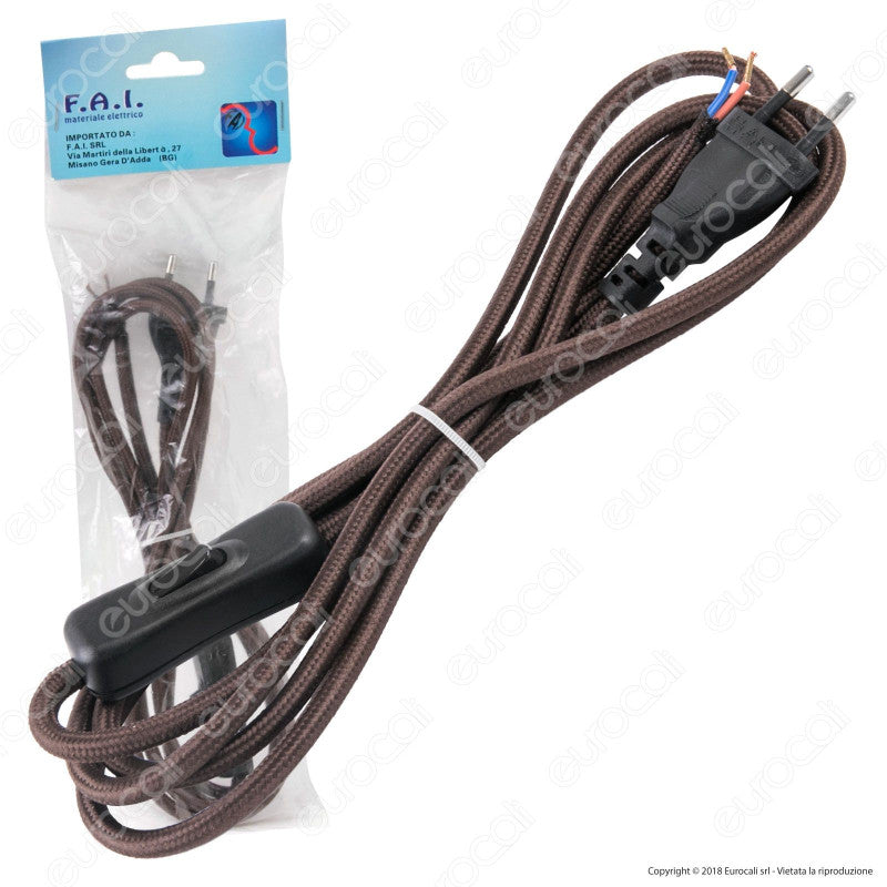 FAI Cavo di Alimentazione Bipolare in Corda con Interruttore e Spina 10A Colore Marrone - Lunghezza 2m - mod. 3072/MA/200