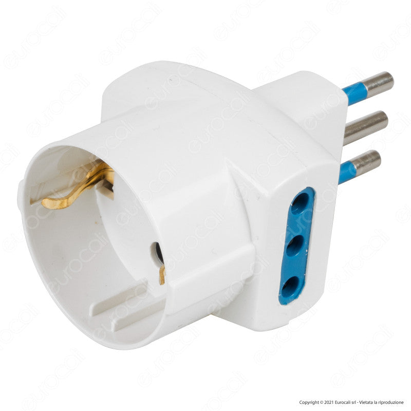 Ecova Adattatore Triplo con 1 Presa Schuko + 10A 2P+T e 2 Prese Laterali 10A 2P+T Colore Bianco - mod. 33041