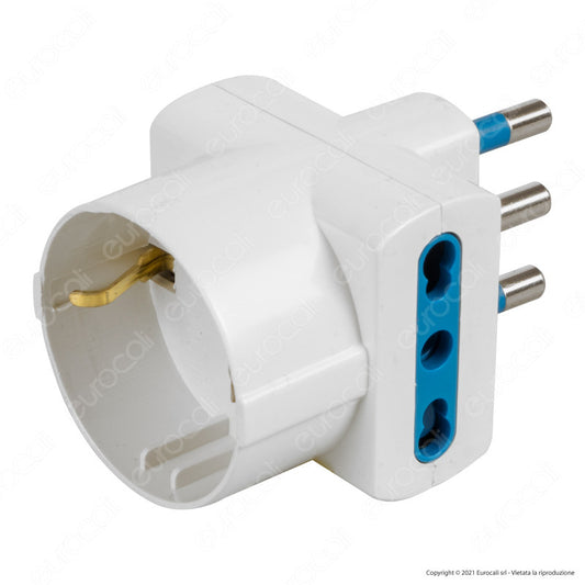Ecova Adattatore Triplo con 1 Presa Centrale Schuko + 10A 2P+T e 2 Laterali 10/16A 2P+T Colore Bianco - mod. 33047