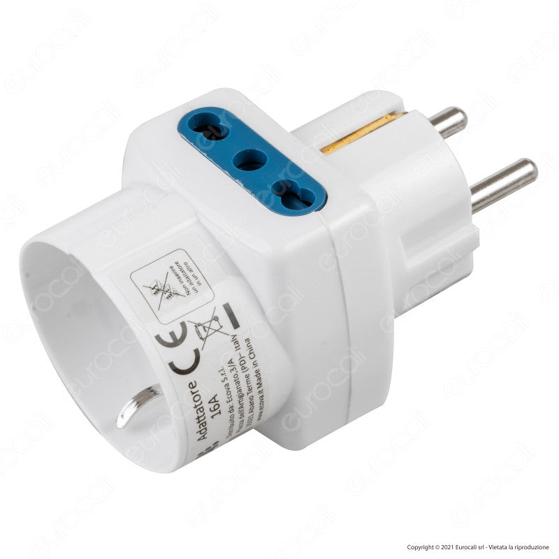 Ecova Adattatore Triplo con 1 Presa Schuko 10/16 A 2P+T e 2 Prese Laterali 10/16A 2P+T Bipasso Colore Bianco - mod. 33111