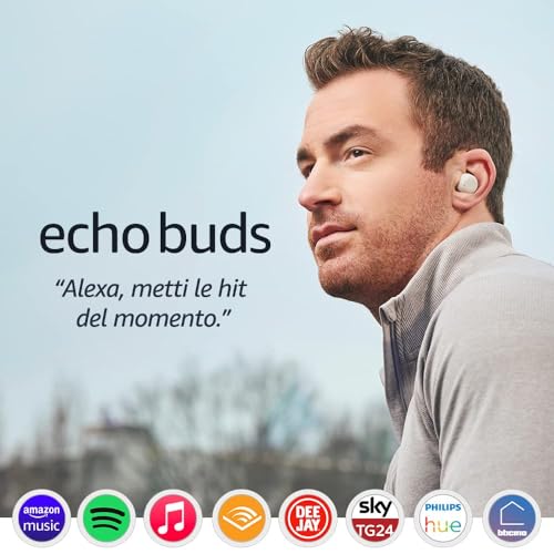 Echo Buds (2ª generazione) | Auricolari wireless con Alexa, cuffiette Bluetooth con cancellazione attiva del rumore, microfono integrato, IPX4 Impermeabili | Bianco ghiaccio