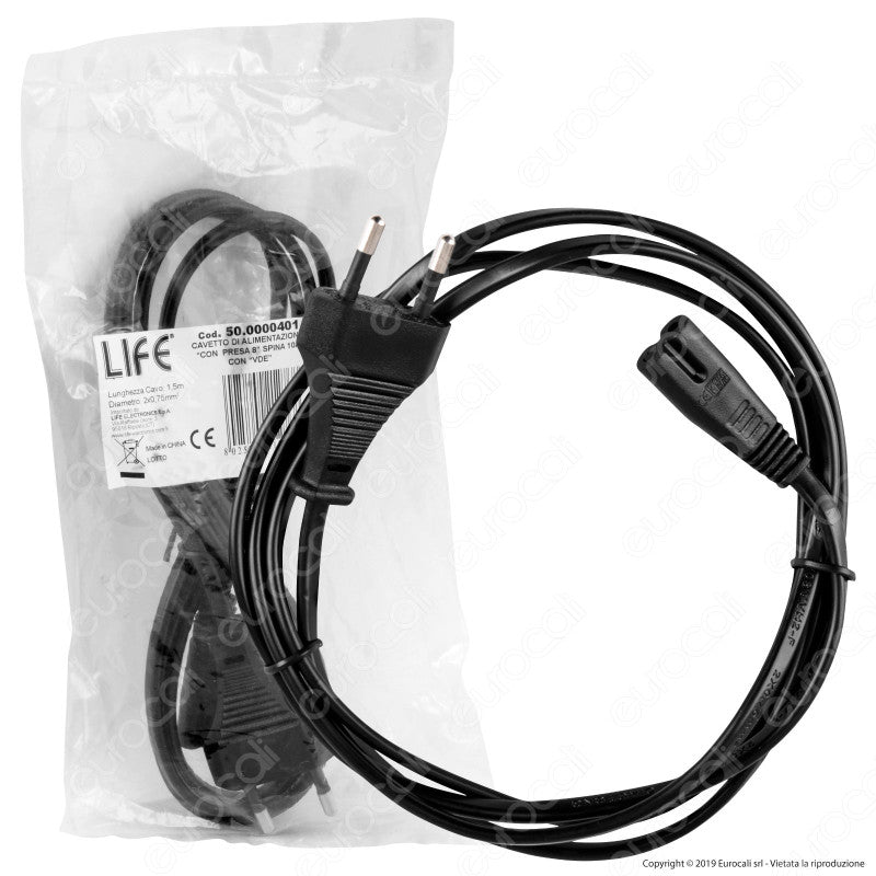 Life Cavo di Alimentazione Nero da 1,5 Metri con Presa 8 C7 e Spina 10A 2P - mod. 50.0000401