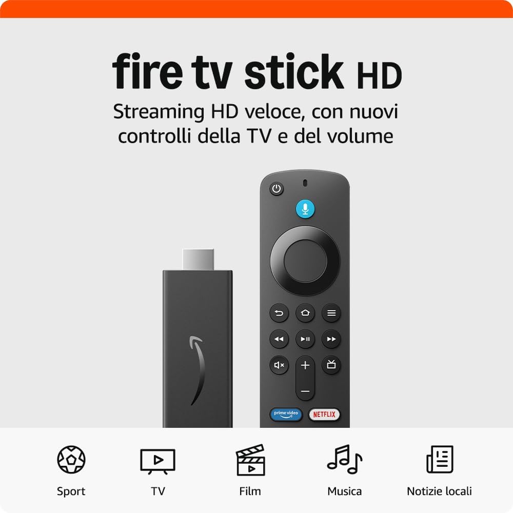 Amazon Fire TV Stick HD | TV gratuita e in diretta, telecomando vocale Alexa, controlli per Casa Intelligente, streaming HD