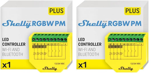 Shelly Plus RGBW PM, Modulo di controllo RGBW per strisce LED Wi-Fi & Bluetooth - 12-24 VDC, con Misuratore di consumo, Luce Bianca o Colorata Dimmerabile, Nessun Hub richiesto, App iOS Android