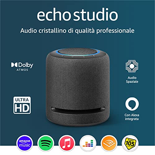 Echo Studio | Il nostro altoparlante Wi-Fi e Bluetooth con il migliore audio di sempre, con Dolby Atmos, audio spaziale, hub per Casa Intelligente e Alexa | Antracite