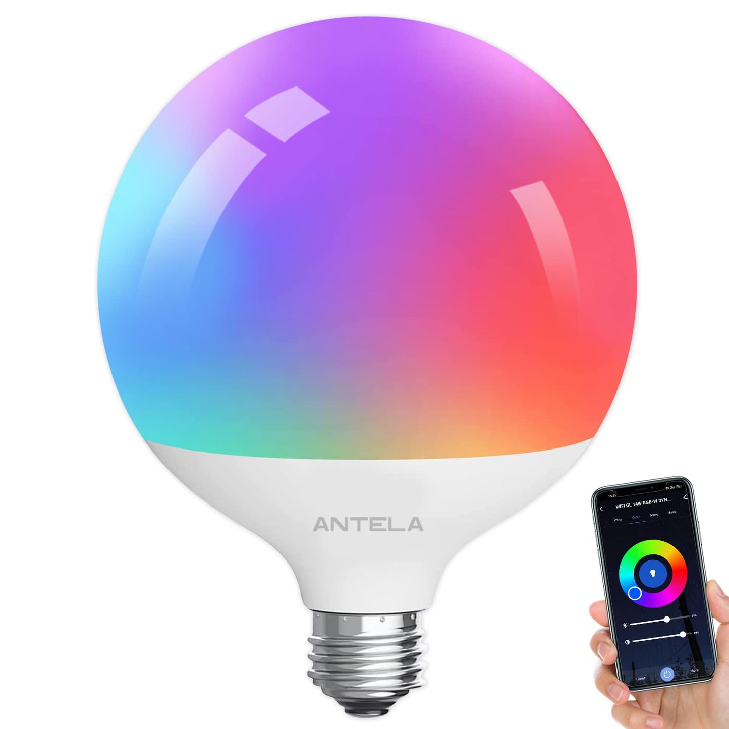 ANTELA Lampadine Alexa Inteligente WiFi G120 E27 1PCS, Dimmerabile Lampadina LED Smart 15W 1521ML, RGB & 2700K-6500K bianco freddo caldo, compatibile con Alexa/Google Home