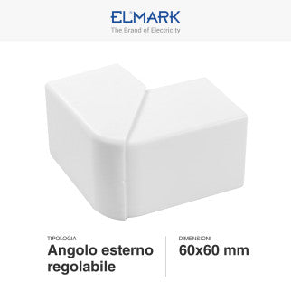Elmark Angolo Esterno Regolabile per 2 Canaline Passacavi 60x60 in Plastica Bianca - mod. 56260601