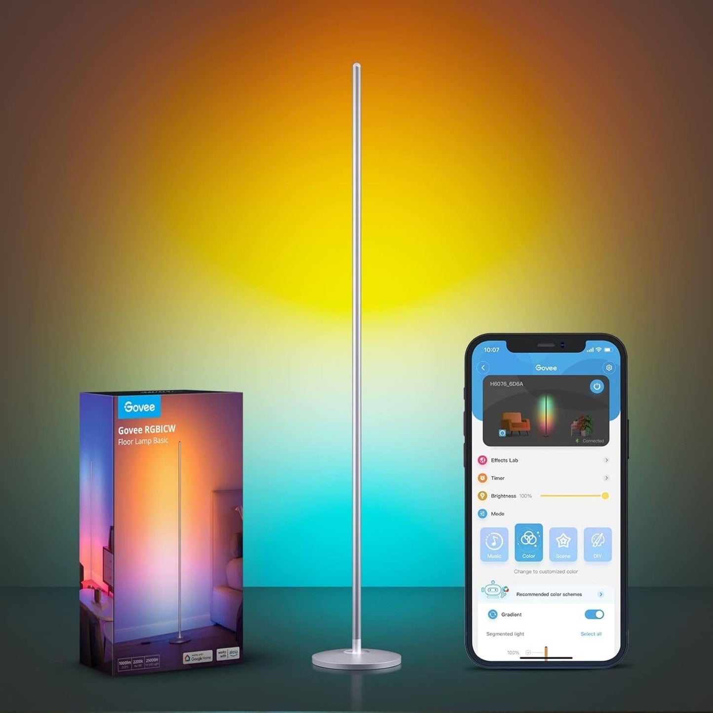 Govee Lampade da Terra LED RGBIC 136cm, Piantana Lampada da Terra Funziona con Alexa, APP, 16 Milioni di Colori Musica Sincronizzazione a Luce Calda per Soggiorno, Camera da Letto, Ufficio