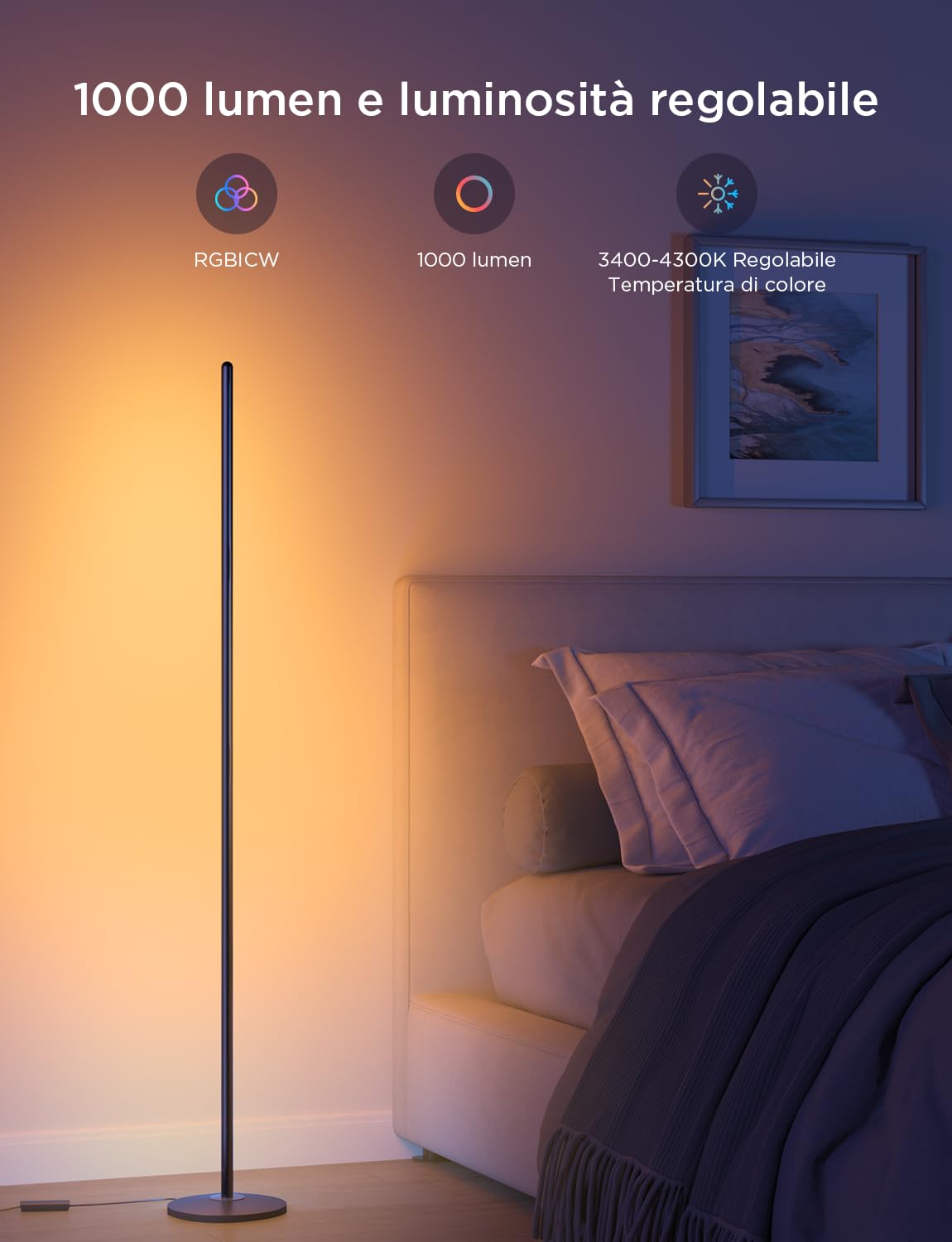 Govee Lampade da Terra LED RGBIC 136cm, Piantana Lampada da Terra Funziona con Alexa, APP, 16 Milioni di Colori Musica Sincronizzazione a Luce Calda per Soggiorno, Camera da Letto, Ufficio