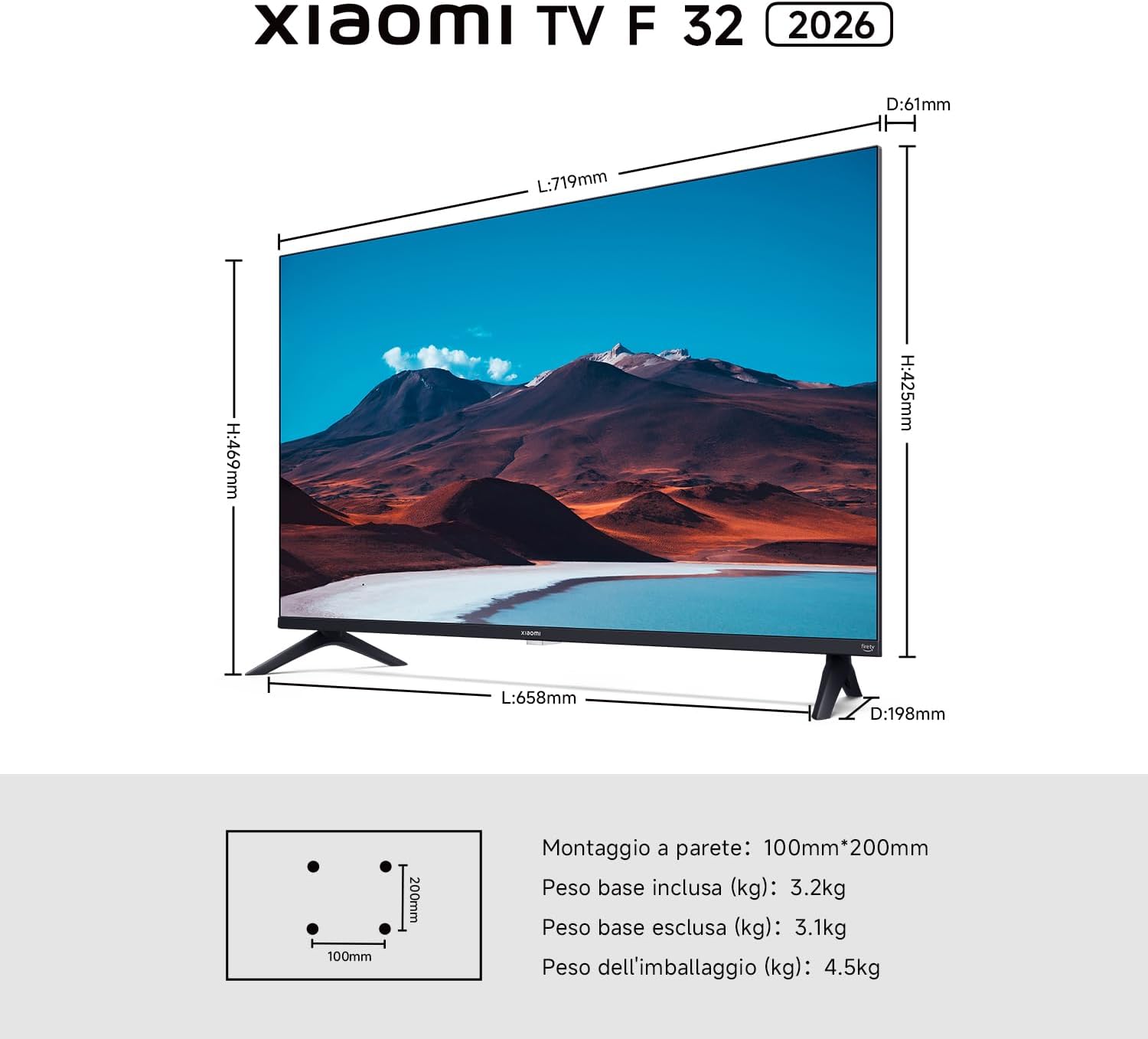 XIAOMI TV F 32, 32 pollici (81 cm), HD, Smart TV, Fire TV,Triple Tuner DVB-C/S/S2/T/T2, Dolby Audio, DTS Virtual:X, DTS-HD, Controllo Vocale Alexa, Compatibile con Apple AirPlay