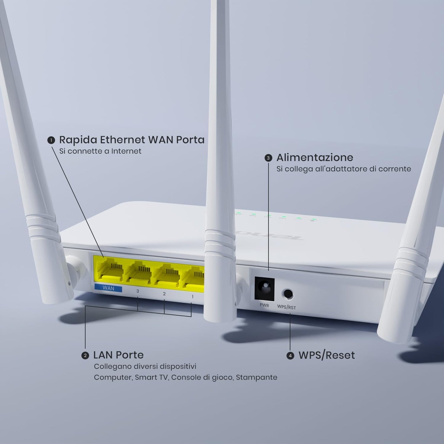 Tenda F3 N300 Router WiFi, Speed with 2.4GHz/300 Mbps, 3 LAN/WAN Porte, Antenne esterne 3 * 5dBi, Parental Control/Rete Ospiti/WISP Access Point Mode/Configurazione Semplice