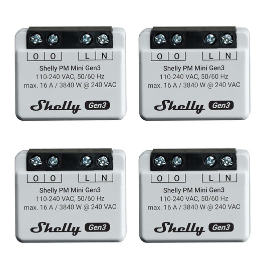 Shelly PM Mini Gen 3 | Confezione da 4 | Wi-Fi e Bluetooth Smart Power Meter 1 canale 16 A | Domestica | Compatibile con Alexa e Google Home | App iOS Android | Nessun hub richiesto