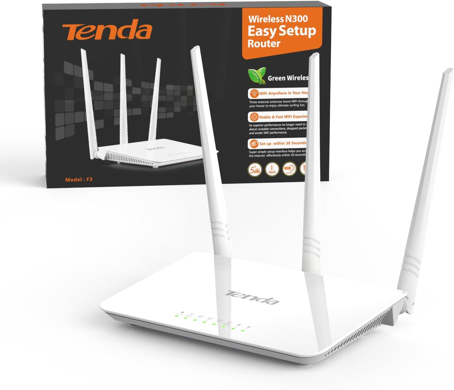 Tenda F3 N300 Router WiFi, Speed with 2.4GHz/300 Mbps, 3 LAN/WAN Porte, Antenne esterne 3 * 5dBi, Parental Control/Rete Ospiti/WISP Access Point Mode/Configurazione Semplice