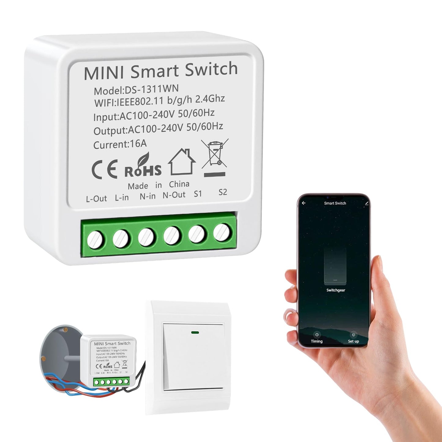 2PC Interruttore Alexa Luci, Dispositivo Wi-Fi per Automazione Domestica di Luci, Interruttore Intelligente WiFi, Controllo Vocale con Alexa, Timer Fai Da, Interruttore Wi-Fi Alexa