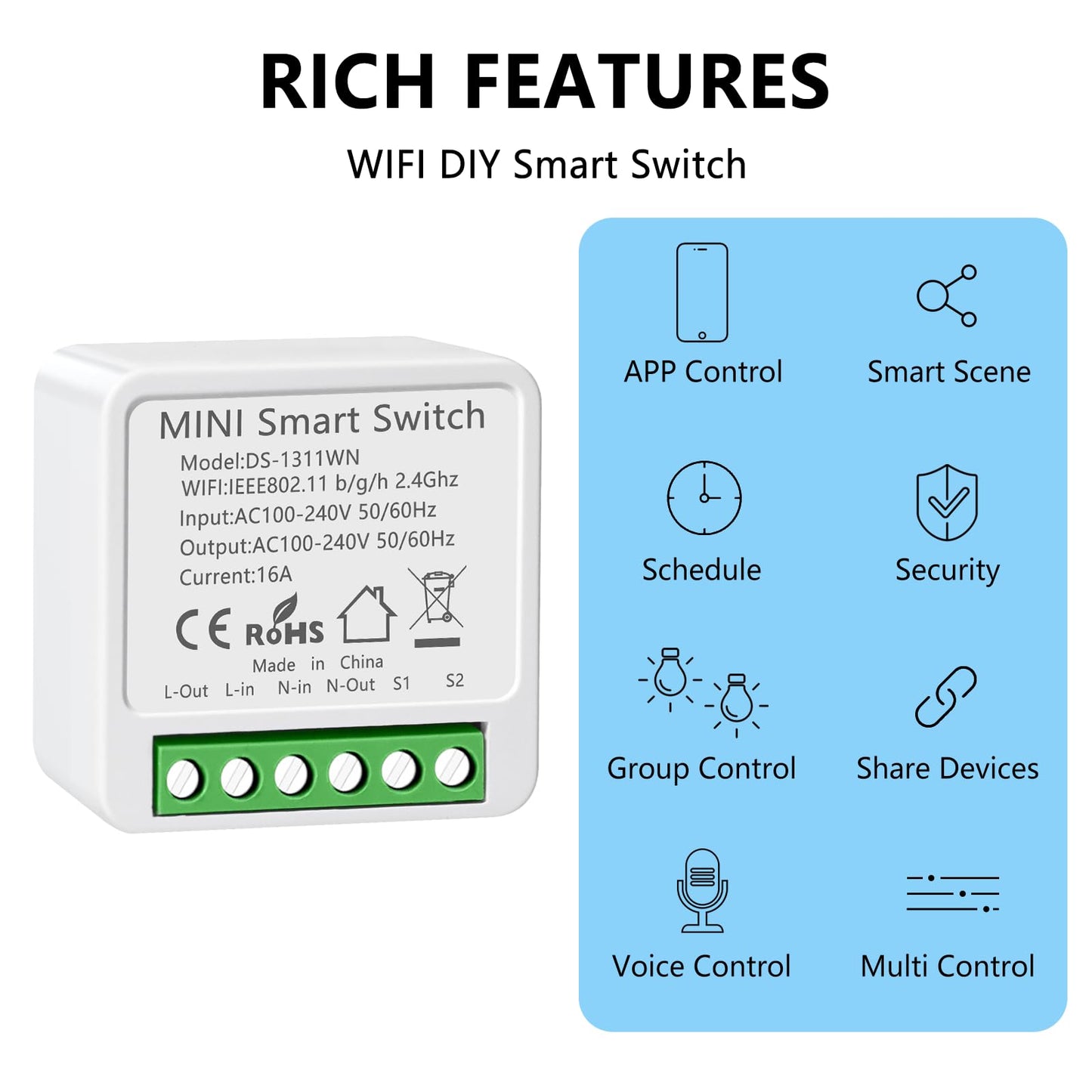 2PC Interruttore Alexa Luci, Dispositivo Wi-Fi per Automazione Domestica di Luci, Interruttore Intelligente WiFi, Controllo Vocale con Alexa, Timer Fai Da, Interruttore Wi-Fi Alexa