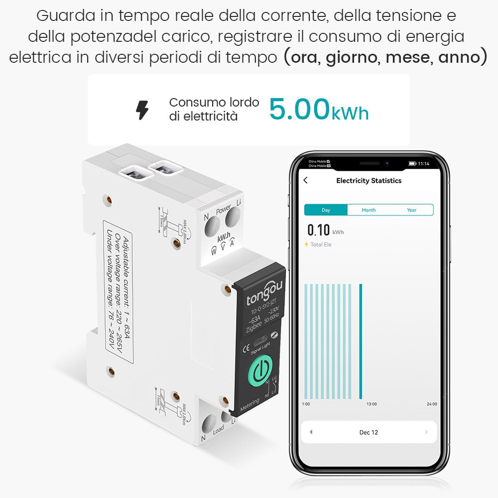 Interruttore WLAN universale Smart Wifi con misurazione del consumo energetico e funzione di protezione da sovraccarico, timer intelligente fai da te, compatibile con Alexa, Google Home Tuya/Smart