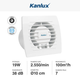 Kanlux Cyklon EOL100HT Aspiratore da Canale 19W IPX4 con Timer di Spegnimento e Sensore di Umidità - mod. 70936