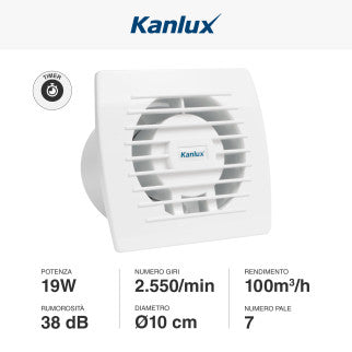 Kanlux Cyklon EOL100T Aspiratore da Canale 19W IPX4 con Timer di Spegnimento - mod. 70938