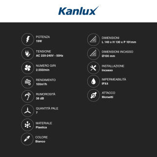 Kanlux Cyklon EOL100T Aspiratore da Canale 19W IPX4 con Timer di Spegnimento - mod. 70938