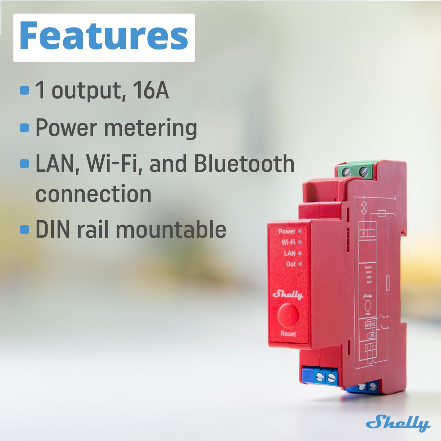 Shelly Pro 1PM - Relè Interrutore Intelligente su guida DIN con Misuratore di Consumo Elettrico, Lan Wi-Fi, Bluetooth, 1 canale - 16A, Controllo remoto App iOS Android, Alexa e Google Home