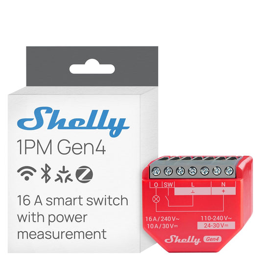 Shelly 1PM Gen4, interruttore relè intelligente con funzionamento Wi-Fi, 1 canale, 16 A, misurazione della potenza, automazione domestica, controllo remoto, nessun hub necessario, Alexa, Apple HomeKit