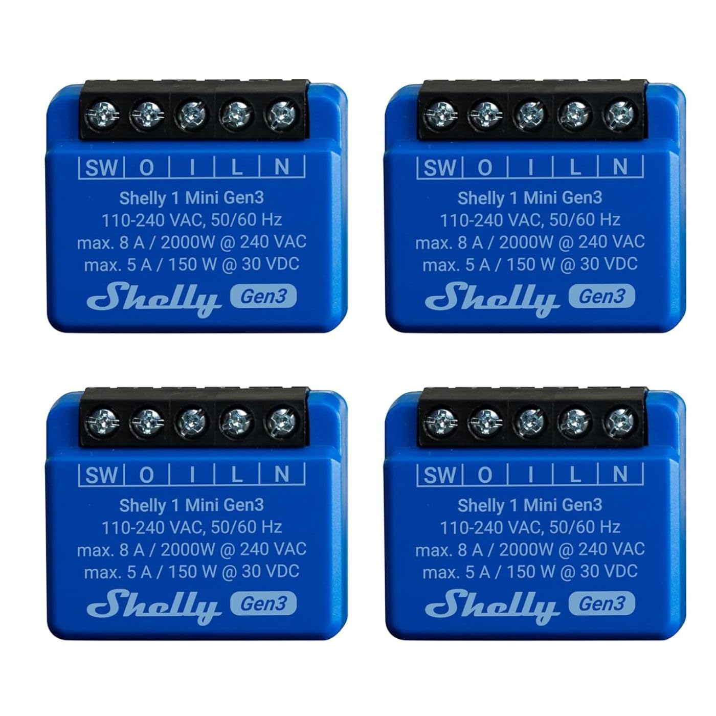Shelly 1 Mini Gen 3 | Confezione da 4 | WiFi e Bluetooth Smart Switch Relè 1 canale 8A | Domestica | Compatibile con Alexa e Google Home | App iOS Android | Nessun hub richiesto | contatti asciutti