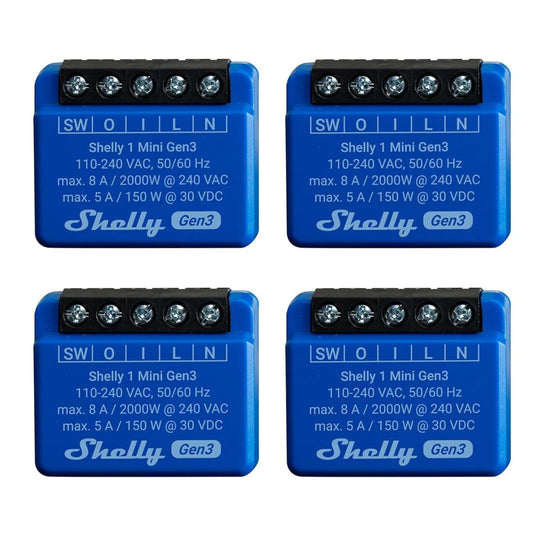 Shelly 1 Mini Gen 3 | Confezione da 4 | WiFi e Bluetooth Smart Switch Relè 1 canale 8A | Domestica | Compatibile con Alexa e Google Home | App iOS Android | Nessun hub richiesto | contatti asciutti