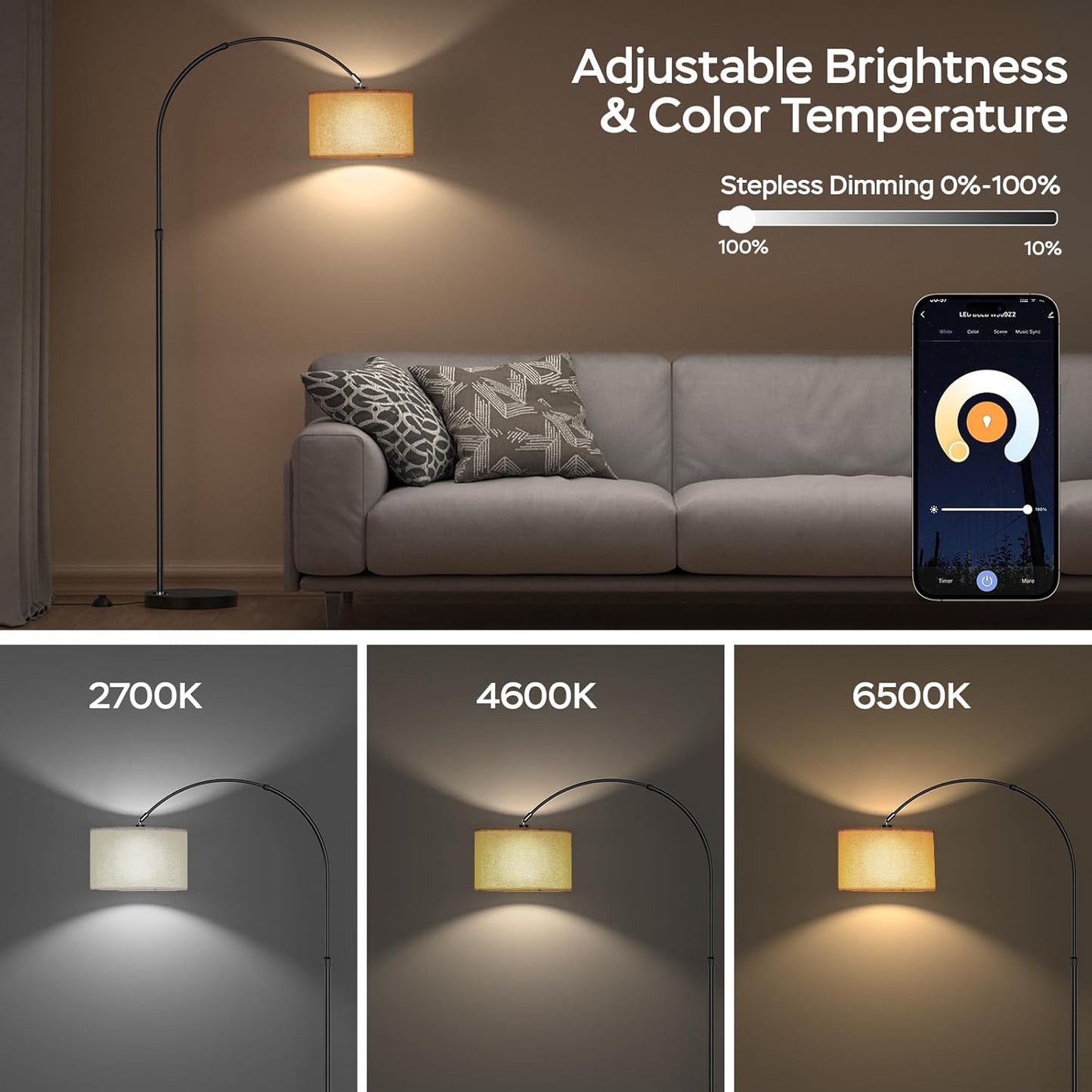 Modlicht Lampada da terra intelligente, funziona con Alexa e Google Home, Lampada da terra RGB dimmerabile, cambia colore, per atmosfera di festa o festosa, Lampada ad arco WiFi E27 9W per soggiorno,