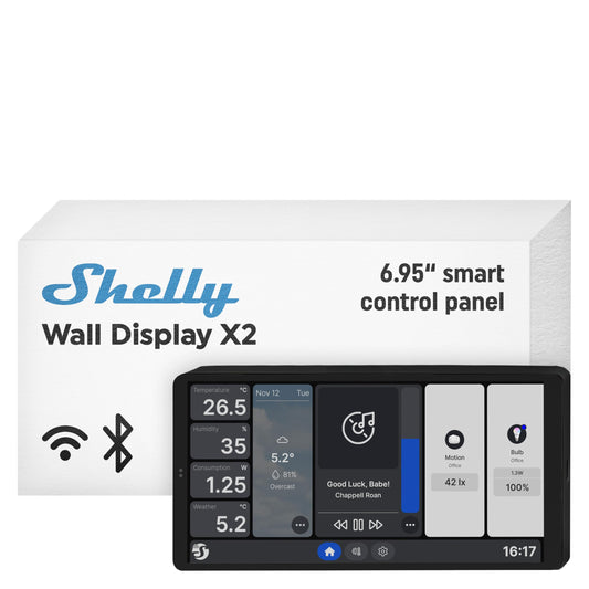 Shelly Wall Display X2 Nero, Pannello di Controllo Wi-Fi e Bluetooth da 6,95", Interruttore Integrato da 5A, Display a Colori, Termostato, Monitoraggio del Consumo, Domotica, Avvisi e Notifiche