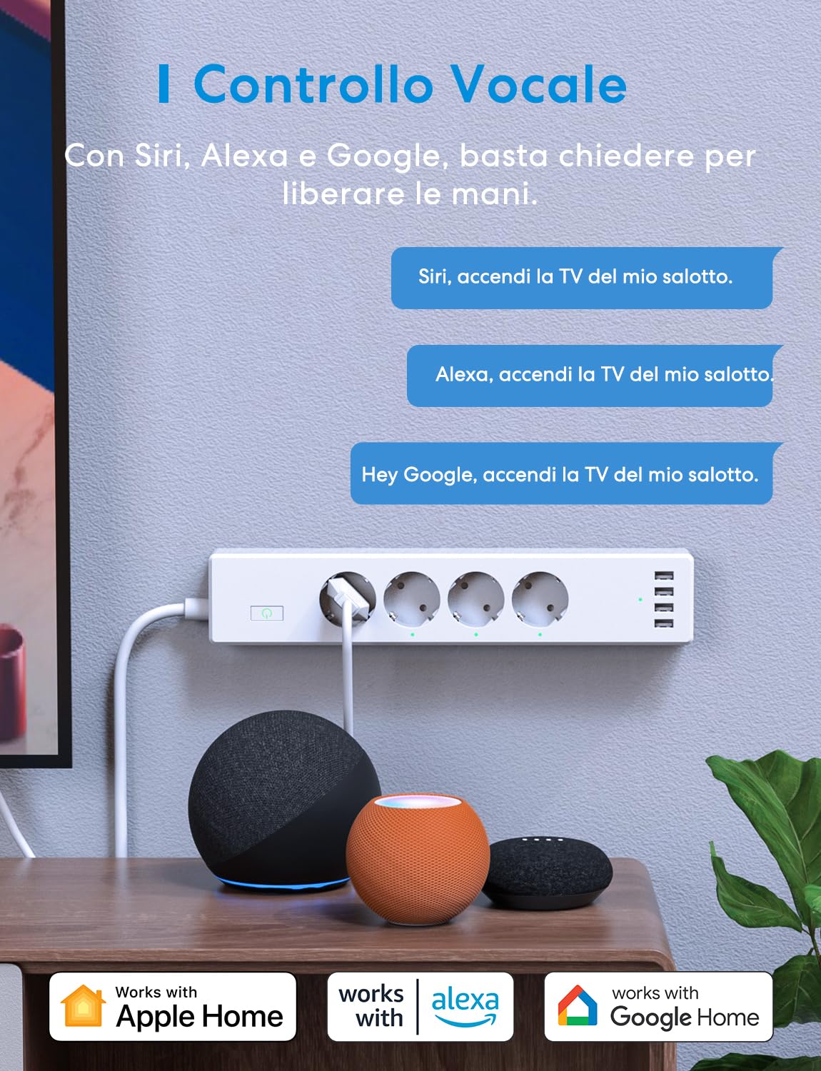 Meross Ciabatta WiFi Smart Alexa, 4000W Multipresa Controllo Intelligente con 4 Schuko 4 Porte USB, Riduzione Consumo Elettrica, Protezione da Sovraccarico Compatibile con Alexa, Google Home