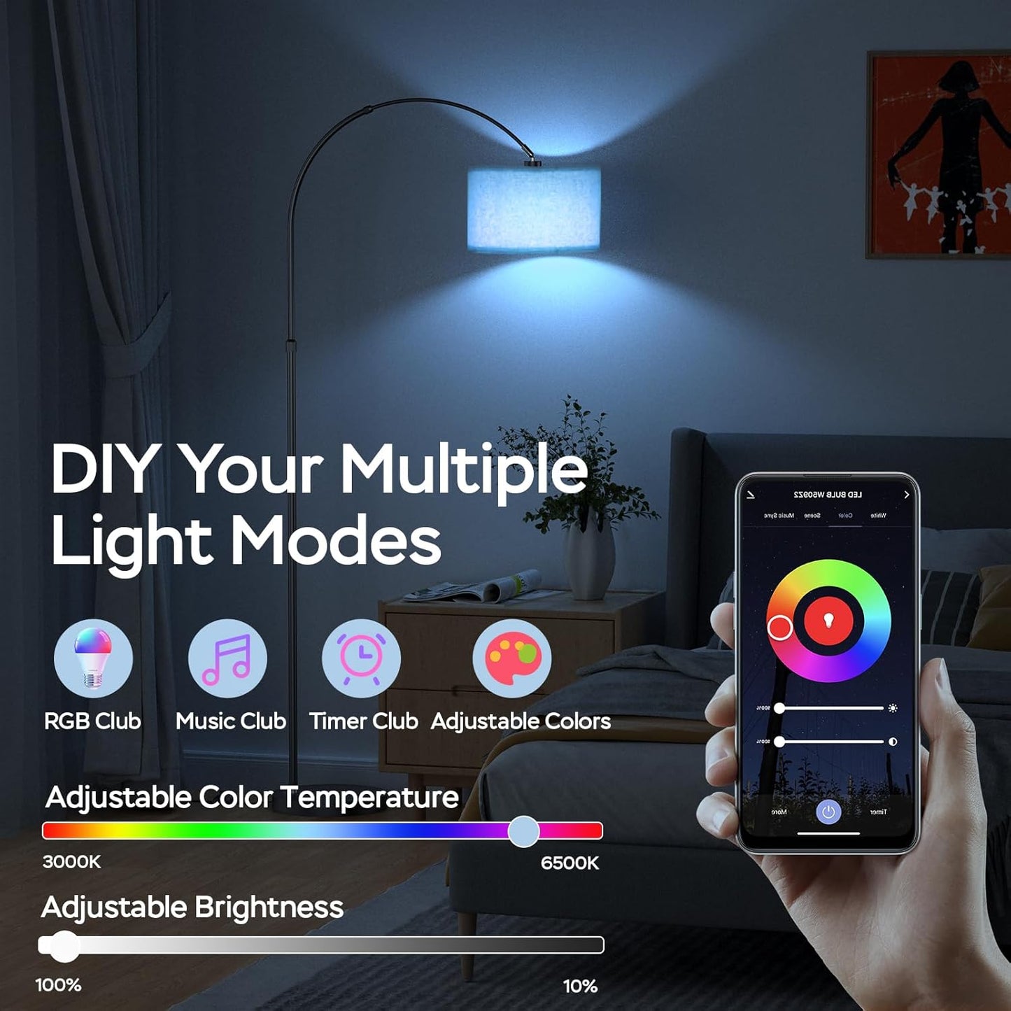 Modlicht Lampada da terra intelligente, funziona con Alexa e Google Home, Lampada da terra RGB dimmerabile, cambia colore, per atmosfera di festa o festosa, Lampada ad arco WiFi E27 9W per soggiorno,