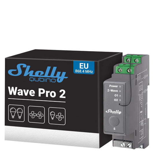 Shelly Wave Pro 2, Interruttore Intelligente Z-Wave Professionale, Contatti Puliti, 2 Canali, 25 A, Montaggio su Guida DIN, Controllo a 2 Fasi, Ripetitore di Rete Esteso, Alta Affidabilità