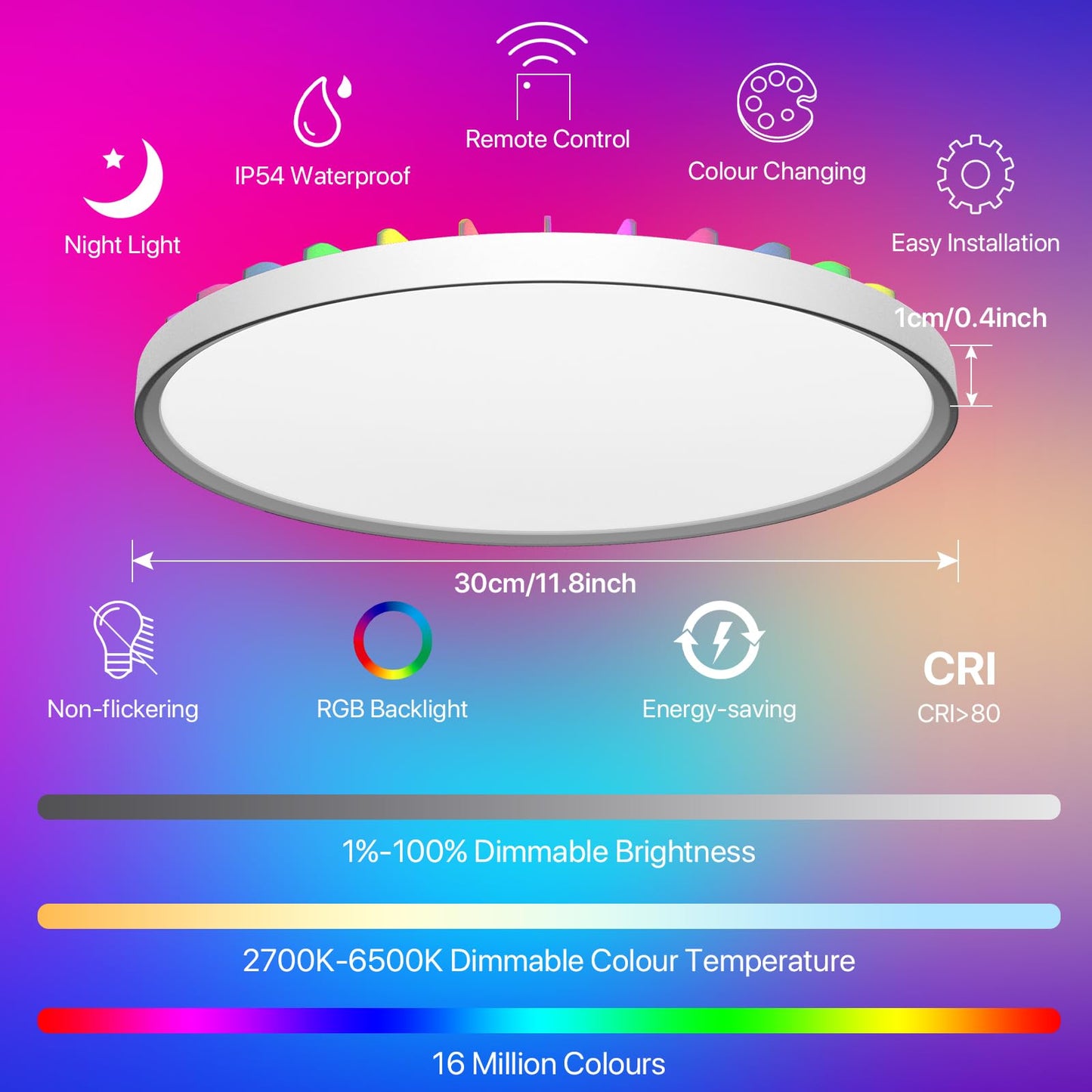 LUTW Plafoniera LED Soffitto Dimmerabile 24W, Smart Lampada LED Soffitto RGB con Telecomando e APP, Compatibile con Alexa e Google Home, 2400LM IP54 per Camera da Letto, Bagno, Cucina, Ø28cm