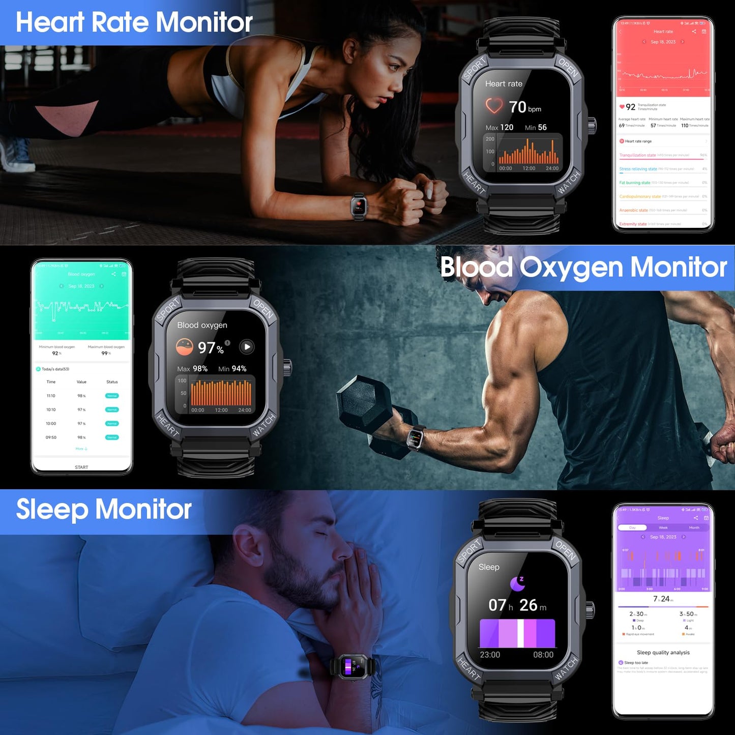 Smartwatch Uomo Donna con Chiamate e Risposta, 1.85" Orologio Smartwatch Uomo, 113 Modalità Sportive Smart Watch, Sonno Cardiofrequenzimetro, Contapassi, IP68 Impermeabile Fitness Tracker Android iOS