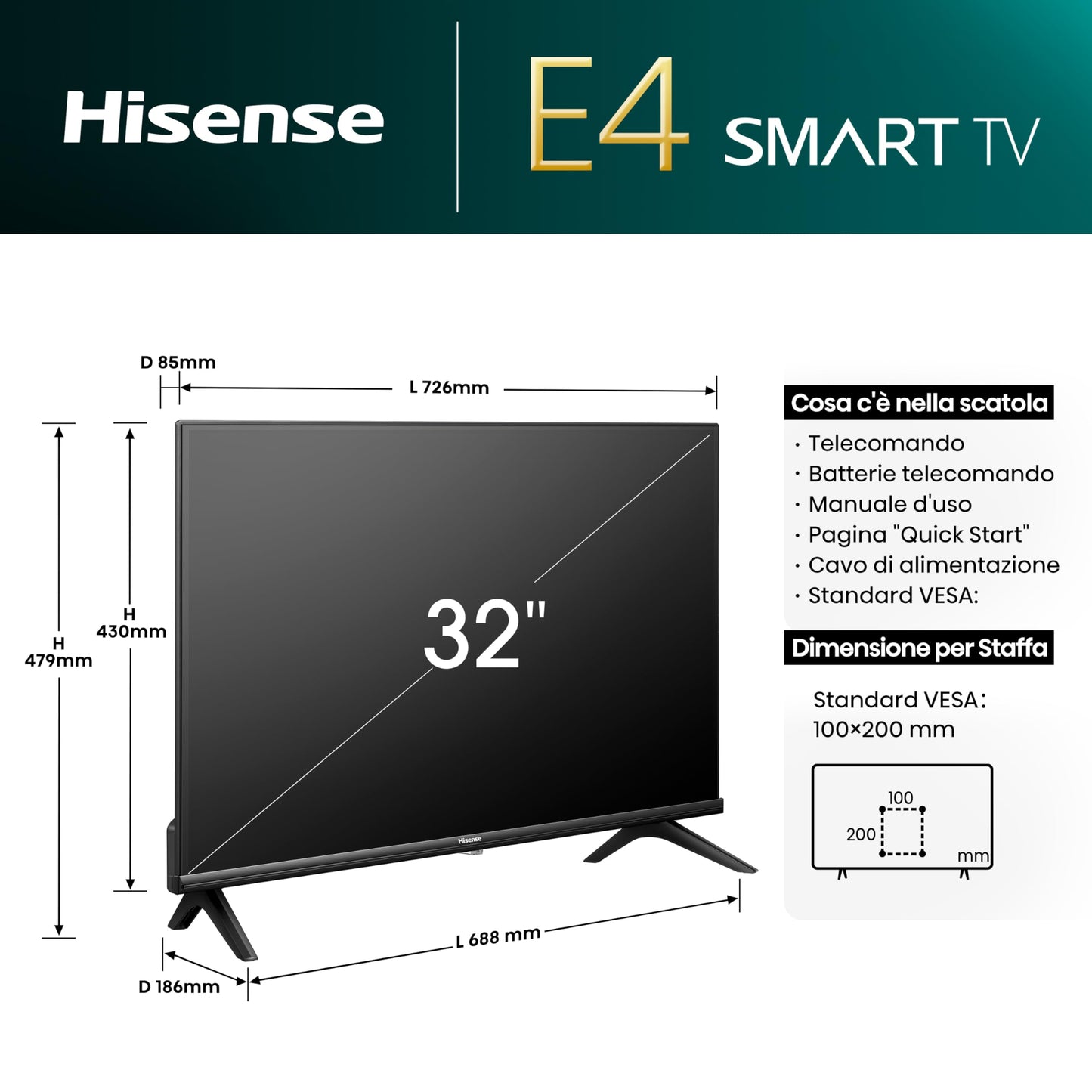 Hisense 32" HD 32E43KT, Smart TV VIDAA U6, Game Mode, Controlli vocali Alexa, Tuner DVB-T2/S2 HEVC 10, lativù