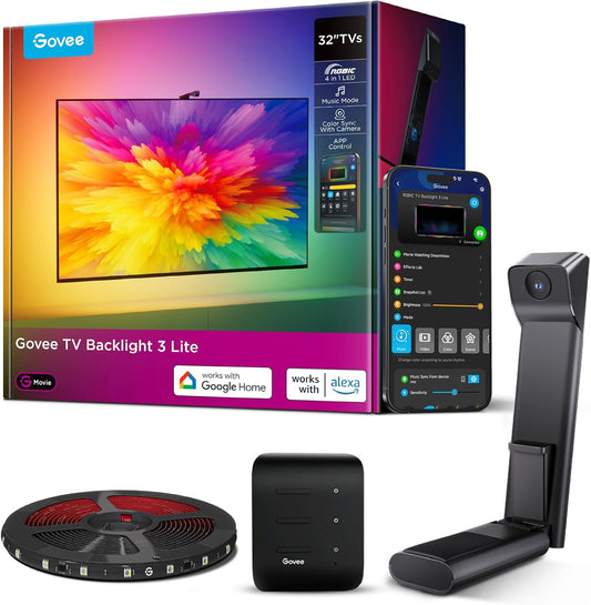 Govee LED TV Retroilluminazione 3 Lite con Correzione Fish-Eye, Telecamera Piccola, 1.8M per TV 32", LED RGBWIC 4-in-1, Wi-Fi, Controllo App e Vocale, Compatibile con Alexa e Google Assistant