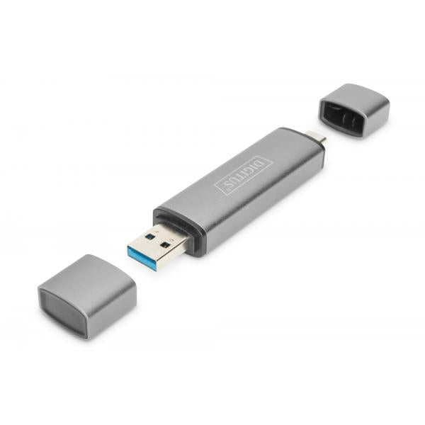 Digitus Combo Card Reader Hub (USB-C+USB 3.0) 1x SD - 1x MicroSD - 1x USB 3.0 - Grey [DA-70886]
