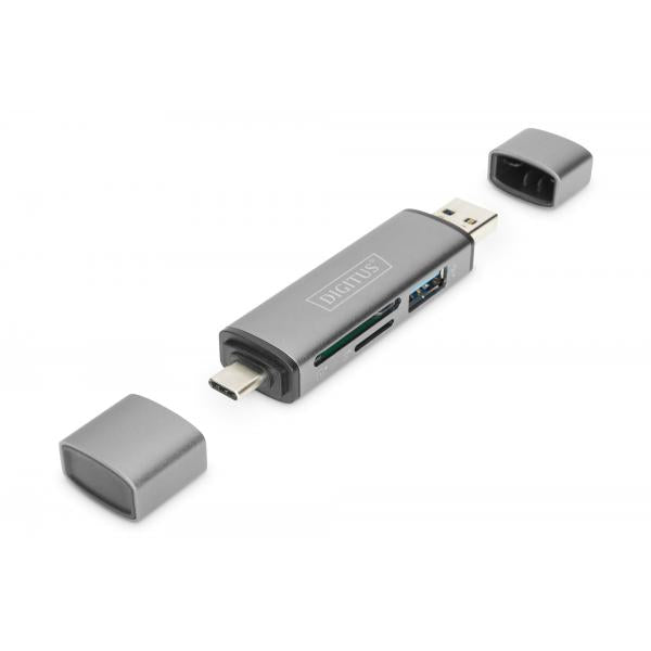 Digitus Combo Card Reader Hub (USB-C+USB 3.0) 1x SD - 1x MicroSD - 1x USB 3.0 - Grey [DA-70886]