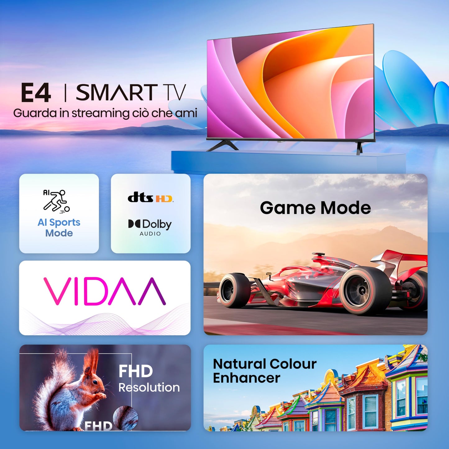 Hisense 32" HD 32E43KT, Smart TV VIDAA U6, Game Mode, Controlli vocali Alexa, Tuner DVB-T2/S2 HEVC 10, lativù