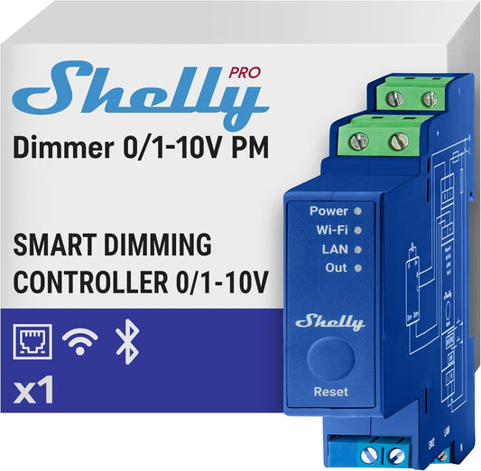 Shelly Pro Dimmer 0/1-10V PM, Regolatore di Luminosità Intelligente, Regolazione dell'intensità Luminosa, Misurazione della Potenza, Programmi Intelligenti, Nessun hub Richiesto, Wi-Fi, Bluetooth, LAN