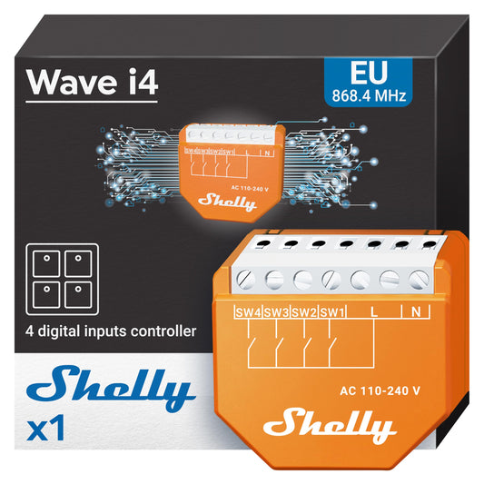 Shelly Wave i4, Modulo di Controllo Remoto Z-Wave con 4 Ingressi, Domotica, Senza Fili, Azioni e Scene intelligenti, Basso Consumo Energetico, Gamma Wireless Estesa