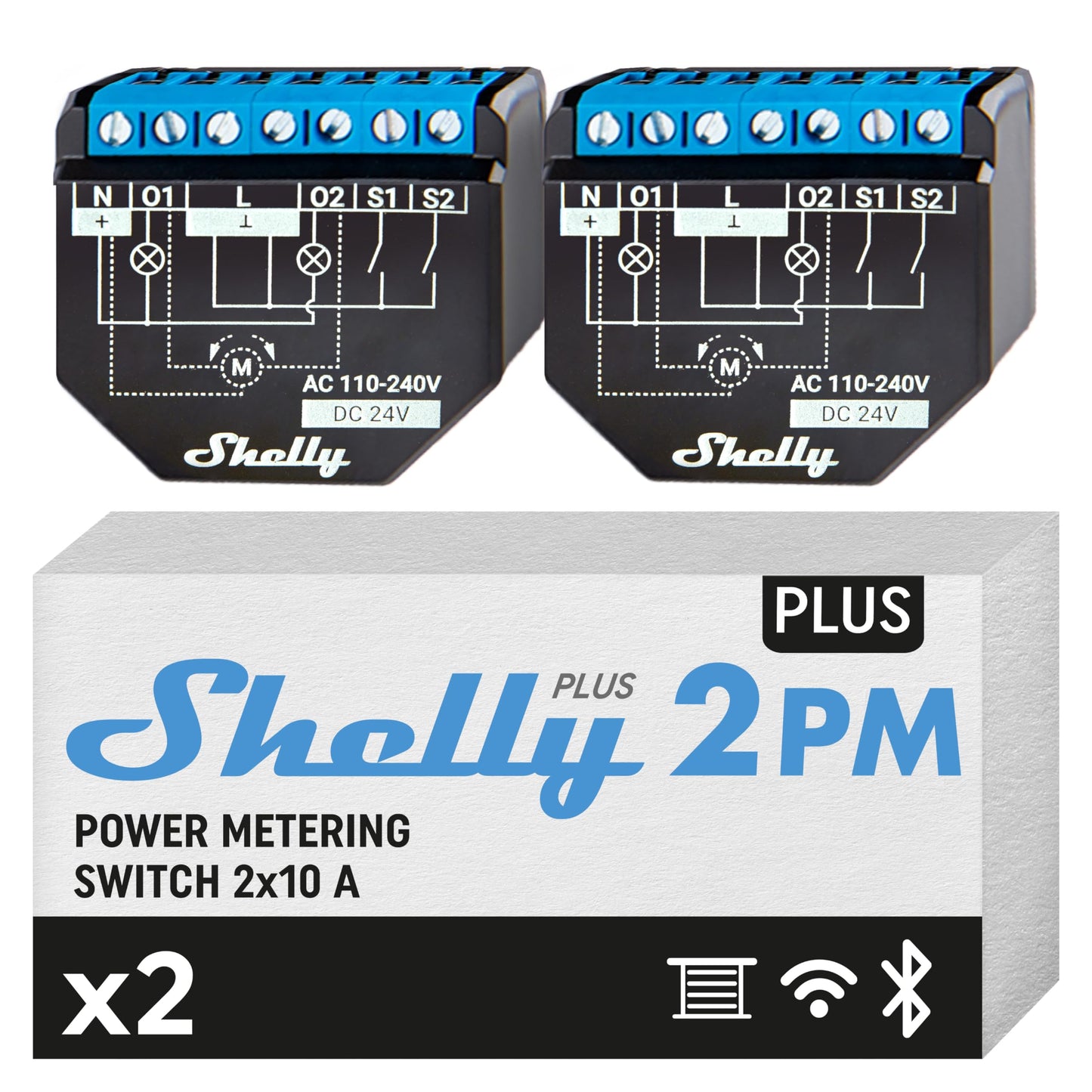 Shelly Plus 2PM, Interruttore Intelligente Relé WiFi & Bluetooth, 2 Prese Elettriche - 16A, Monitora i Consumi, Tende/Persiane/Tapparelle, Domotica, Nessun Hub, Alexa/Google Home, iOS Android, 2 Pezzi
