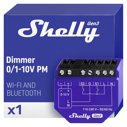 Shelly Dimmer 0/1-10 V PM Gen3, WLAN, Bluetooth Smart Dimmer,Controller con Misurazione Corrente,Controllo della luce,App iOS Android,Nessun hub Richiesto,Compatibile con Alexa e Google Home, Blu