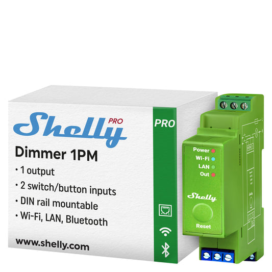 Shelly Pro Dimmer 2PM, Dimmer intelligente professionale a 2 canali, Montaggio su guida DIN, misuratore di potenza, LAN, Wi-Fi e Bluetooth, Alexa e Google Home, App iOS Android
