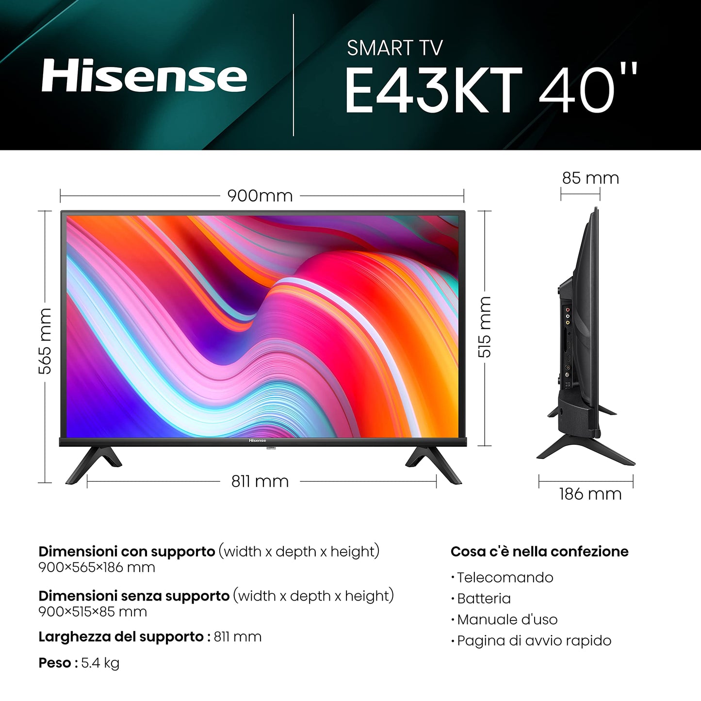 Hisense 32" HD 32E43KT, Smart TV VIDAA U6, Game Mode, Controlli vocali Alexa, Tuner DVB-T2/S2 HEVC 10, lativù