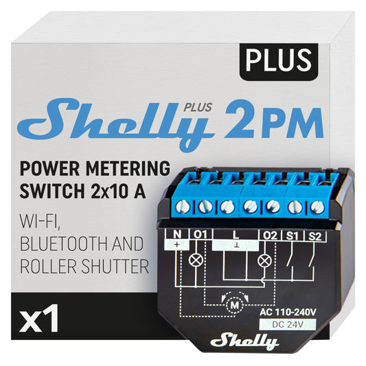Shelly Plus 2PM, Interruttore Intelligente Relé WiFi & Bluetooth, 2 Prese Elettriche - 16A, Monitora i Consumi, Tende/Persiane/Tapparelle, Domotica, Nessun Hub, Alexa/Google Home, iOS Android, 2 Pezzi